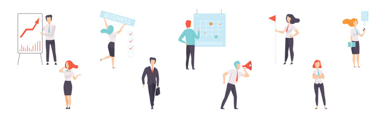 Business Man and Woman Character Working in the Office Vector Set