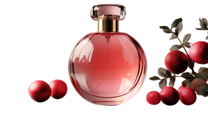 Enchanting Scent: A sophisticated perfume bottle exuding elegance, nestled beside ripe cranberries, harmonizing the essence of fragrance and freshness. 
