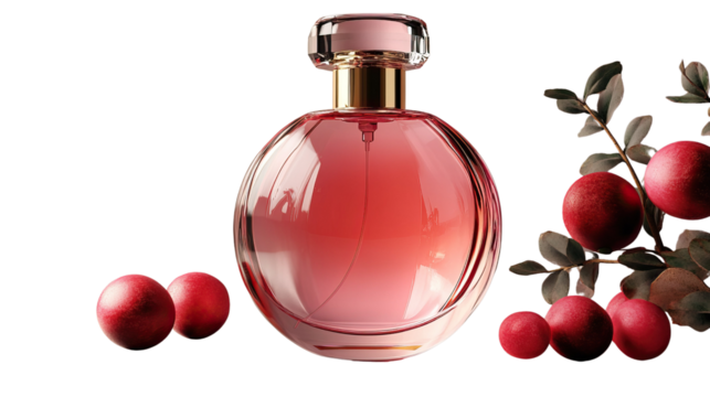 Enchanting Scent: A sophisticated perfume bottle exuding elegance, nestled beside ripe cranberries, harmonizing the essence of fragrance and freshness. 