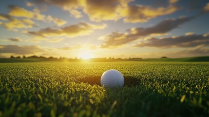 A close-up of a golf ball resting in a hole on a lush green course during a vibrant sunset