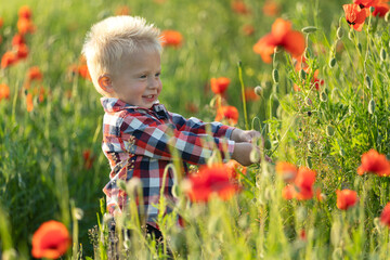 Little child in nature. Cute little fry in the meadow. Summer seasonal outdoor activities for...