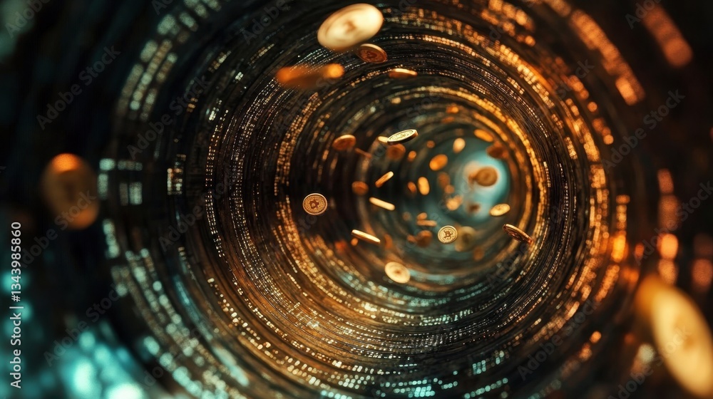 Poster bitcoin coins spinning and falling in an endless digital tunnel of ones and zeros