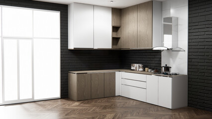 Mock up black brick design modern loft style on kitchen counter scene mockup and set shaped kitchen design. 3d rendering