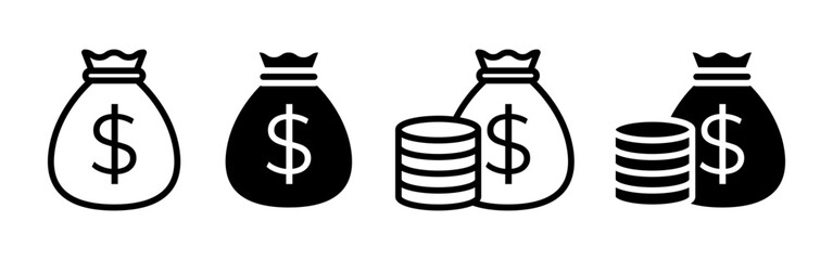 Vector isolated money sack with stack of coins icon set in black outline and fill