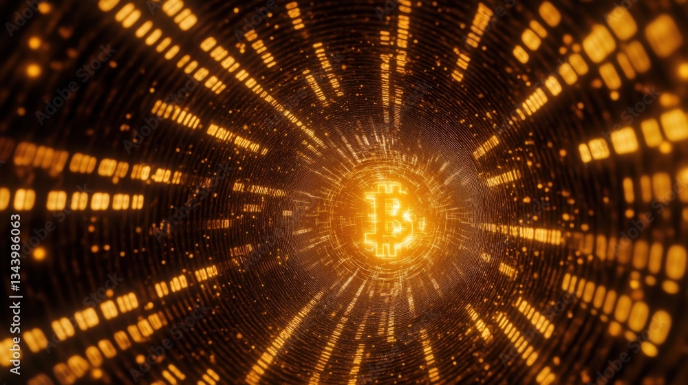 Poster bitcoin coins spinning and falling in an endless digital tunnel of ones and zeros