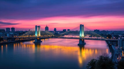 Suspension Bridge at Twilight Gleaming Over the Water, Cityscape Backdrop