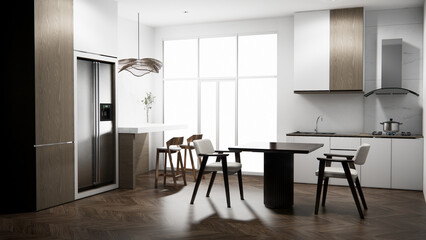 mockup table bar on set kitchen shaped modern style concept. 3d rendering