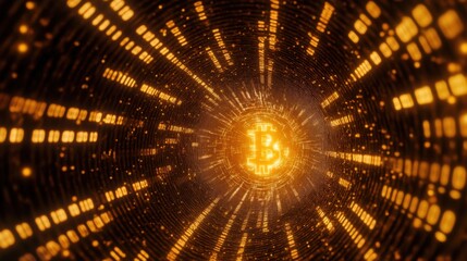 Obraz premium Bitcoin coins spinning and falling in an endless digital tunnel of ones and zeros