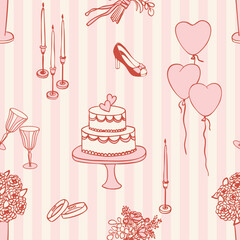 Seamless Wedding Pattern in doodle ink style. Romantic Vector Background with hand drawn Celebration Elements