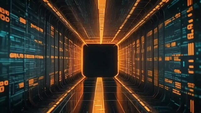 Futuristic Data Center Tunnel with Neon Lights Animation
