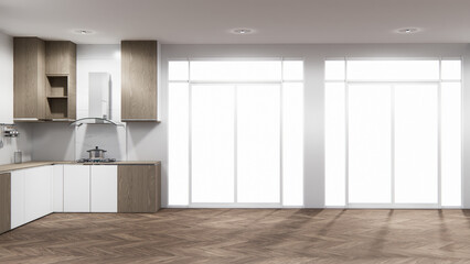 mockup white Kitchen bar on set kitchen shaped modern style white and wood concept. 3d rendering