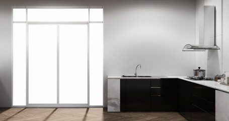 mockup white Kitchen bar on set kitchen shaped modern style white and wood concept. 3d rendering