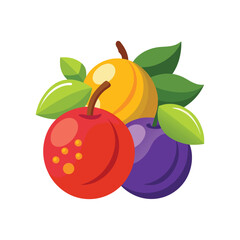 Colorful fruits red apple, yellow fruit, and purple plum with green leaves.