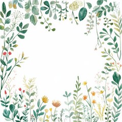 Botanical Frame: Delicate watercolor painting of a botanical frame, showcasing an array of lush green leaves and vibrant wildflowers. Perfect for invitations, stationery, or nature-inspired designs. 