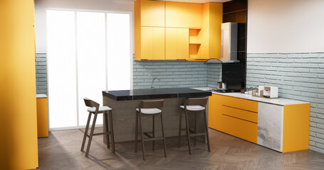 modern loft style on kitchen orange counter scene mockup and set shaped kitchen design. 3d rendering