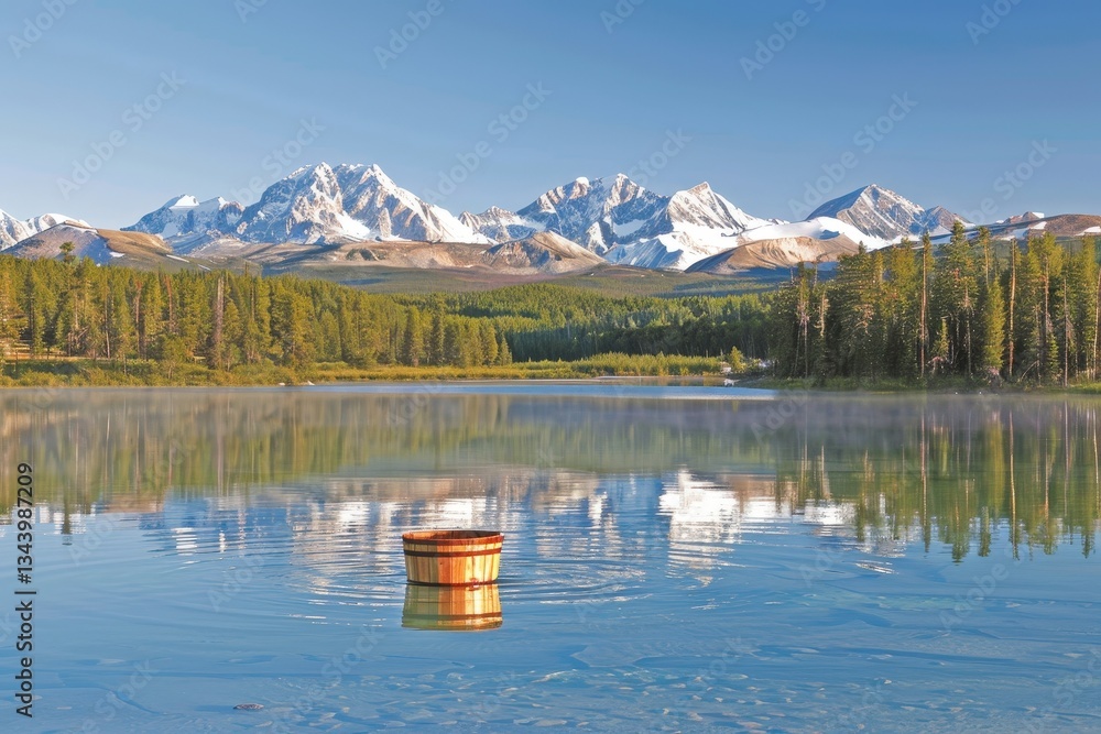 Poster a small wooden boat is floating in a lake with mountains in the background