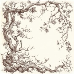 a whimsical woodland frame, hand-drawn twisted tree branches and leaves, vintage etching style, sepia tones, isolated on white background