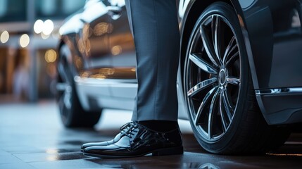 A well-dressed individual in polished shoes stands beside a luxury car, showcasing elegance in an upscale urban setting