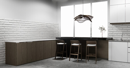 white brick wall modern loft style on kitchen counter scene mockup kitchen bar and set shaped kitchen design. 3d rendering