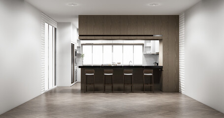  Kitchen bar on set kitchen shaped modern style white and wood concept. 3d rendering