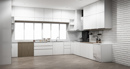 white brick wall modern loft style on kitchen counter scene mockup kitchen bar and set shaped kitchen design. 3d rendering