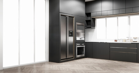 black set kitchen shaped modern style black and wood concept. 3d rendering