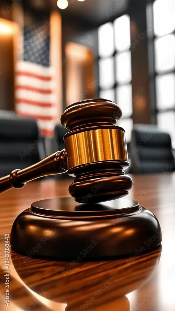 Poster courtroom setting featuring a gavel ready for decision in a law-related animation sequence