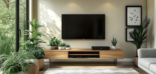 modern minimalist living room design with smart tv on beige wall and green plants in Scandinavian style