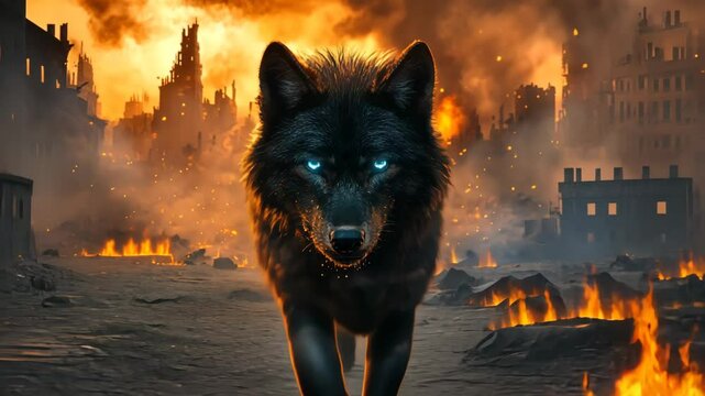 Mystical glowing blue-eyed wolf with fire and smoke effects in a fantasy setting.