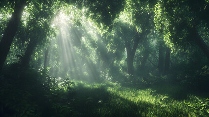Obraz premium Sunlight filtering through dense jungle foliage in a tropical rainforest