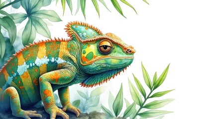 Colorful chameleon in lush greenery