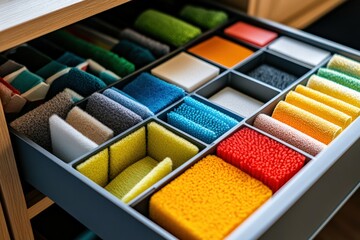 Naklejka premium Open drawer reveals organized cleaning supplies and sponges Generative AI