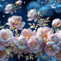 Beautiful floral arrangement with delicate pink and white flowers highlighted against a deep blue background