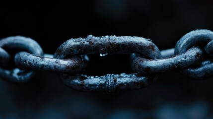 Close-up of a weathered metal chain link.?Water droplets cling to the aged links, creating a dark and mysterious atmosphere
