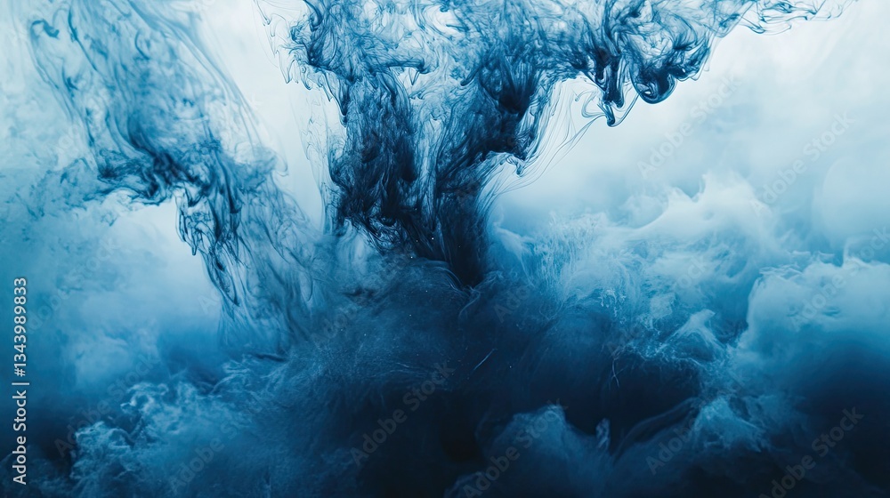 Poster abstract blue ink swirls in water creating ethereal cloud patterns