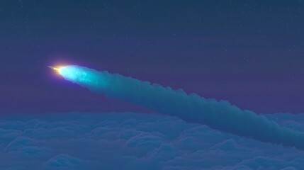 A bright rocket launches upward leaving a vapor trail in space