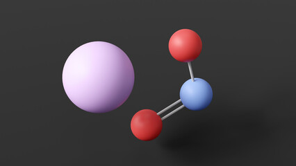 sodium nitrite molecule 3d, molecular structure, ball and stick model, structural chemical formula e250