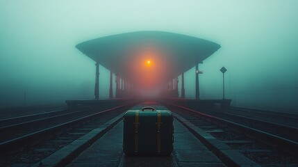 Misty Train Station at Dawn with Suitcase Foggy Platform Travel Atmosphere Journey