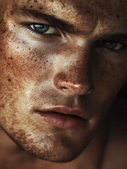 Obraz premium Close-up portrait of a young man's face. his face is turned slightly to the side, and his eyes are looking directly at the camera.