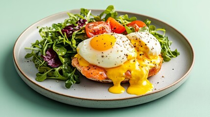 Delicious egg benedict salad for breakfast fresh plate of vegetables bright kitchen environment culinary delight