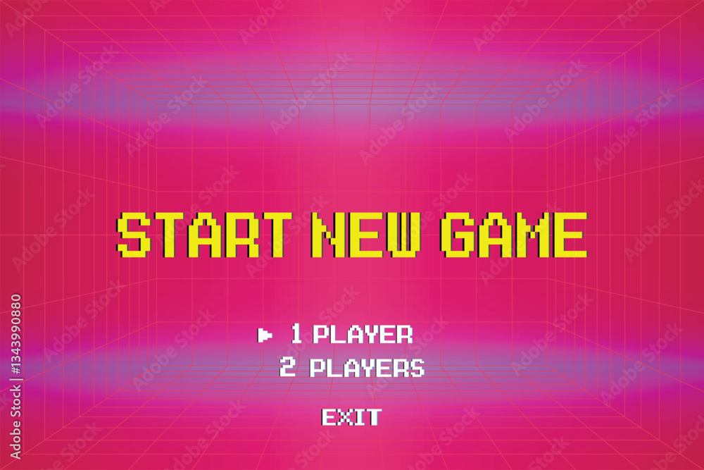 Poster start new game play. pixel art .8 bit game. retro game. for game assets. retro futurism sci-fi backg
