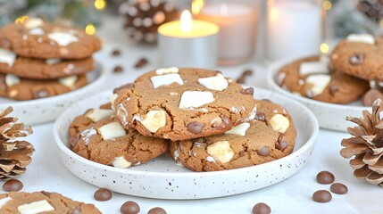 Delicious Chocolate Chip and White Chocolate Cookies on a Plate Surrounded by Holiday Decor