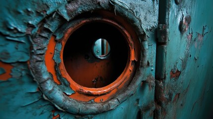 Rusty metal hole in aged teal-orange surface