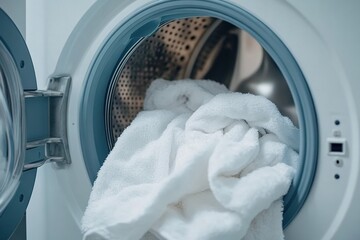 Open washing machine with clean white towels inside Generative AI