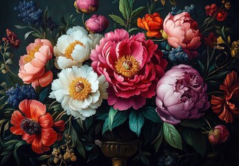 vibrant floral still life with peonies and flowers vintage ornate design baroque botanical wallpaper