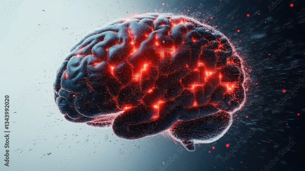Aufkleber futuristic digital brain explosion cyberpunk art neural circuits red particles abstract science