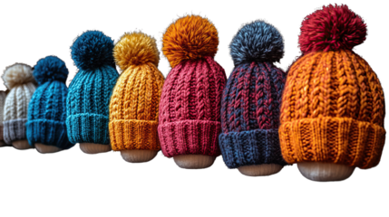 Cozy Hats: a colorful assortment of hand-knitted hats each adorned with a playful pom-pom