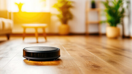 Advanced robotic vacuum cleaner navigating sunny hardwood floor, ideal for modern home automation. perfect cleaning solution for dust-free living spaces, enhancing home interior design