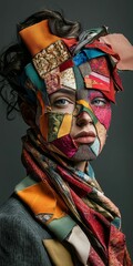 Woman’s face adorned with colorful patchwork fabric.