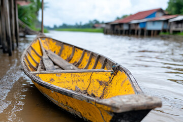 Obraz premium vibrant yellow boat rests on calm water, surrounded by nature